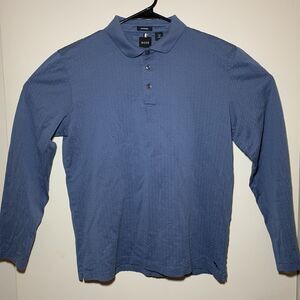 Boss Mercerized Cotton Long Sleeve Crew Neck Polo Shirt Navy Waffle Size Small